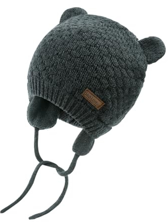 SEYUFN Babymütze, für Jungen und Mädchen, gestrickte Hündchen für Babys und Kleinkinder, mit Fleece-Futter, 0-36 Monate(Grau-2, 0-6 Monate)