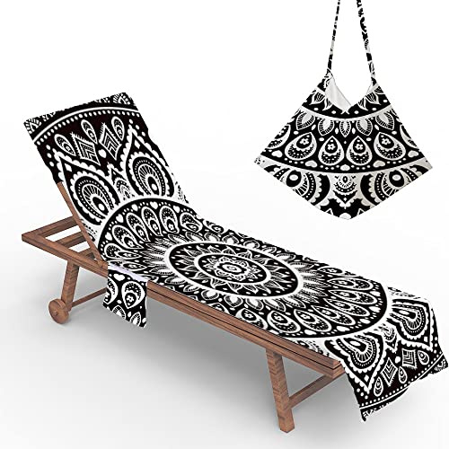 Morbuy Beach Chair Cover Towel, Mandala Print Beach Towel Lounger Bags with Pockets Sunbed Towels Fitted Microfiber Sun Lounger Towels for Summer Outdoor Pool Vacation Travel (black White)