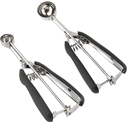 Kleines Keksschaufel-Set – 2 Stück, inklusive 1 TL / 1 EL Keksteig-Schaufel, Keksschaufeln zum Backen, aus 18/8 Edelstahl, gute weiche Griffe, schneller Auslösemechanismus