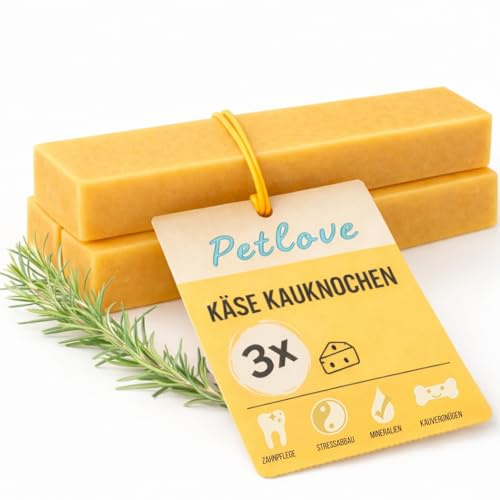 PetLove Kaukäse für Hunde, Kausnack aus Hartkäse, M, 3er Pack | 100 % Hartkäse, extra harter Käseknochen für kleine Hunde, langlebiger Kausnack, zur Zahnpflege, M (50-80g)