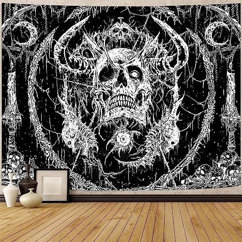 Lifeella Totenkopf-Wandteppich, Gothic-Horror-Mond-Skelett, mystisch, dunkler Wandteppich für Schlafzimmer, Grunge, Wandbehang, Schwarz und Weiß (schwarz, 112,5 x 150 cm))