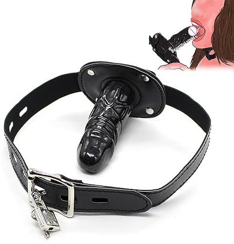Dildo Mund Gag Penis Gag Bondage Leder Abschließbare SM Dildo Fetisch sexy Einstellbare Einschränkungen BDSM Sklaven Spielzeug (Lang, Schwarz)