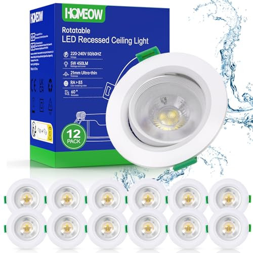 HOMEOW Set di 12 faretti LED da incasso orientabili, 5 W, faretto da bagno, IP44, 450 lm, 6000 K, bianco freddo, faretto da incasso a LED, extra piatto, 21 mm, foro Ø70 – 80 mm, bianco, rotondo