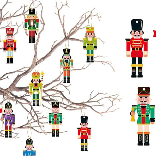 12 Pièces Casse-Noisette Ornements en Papier avec Ficelle, Ornements Sapin de Noël, Decoration Ornements Pendentif Suspension Decorations de Noël, Diverses Formes Classiques de Noël, Bricolage de Noel
