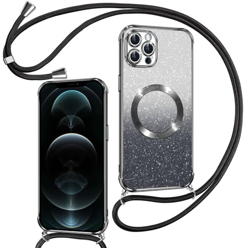 Phoona Hülle für iPhone 12 Pro mit Band, Schwarz | [Kompatibel mit MagSafe] Luxuriöse Glitzer Beschichtung Magnetische Handyhülle zum Umhängen Kordel Silikon Stoßfest