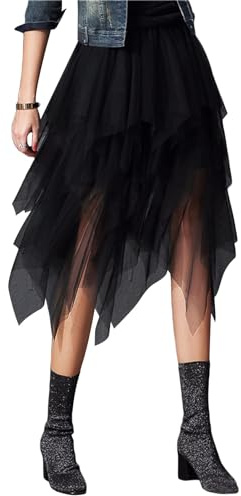 Yassiglia Tüllrock Damen Elegant Mesh Rock Lang Stufenrock Vokuhila Tüll Rock Knielang Tütü Röcke für Karneval Party Hochzeit Fest Freizeit (Schwarz, ONE Size)