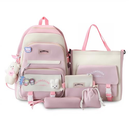 IvyH Schulranzen-Set 5-teilig, Schultasche Mädchen Rucksack Schule Teenager Schulrucksack für Mädchen der 3. bis 7. Klasse, School Bag Set mit Einkaufstasche Federmäppchen Brustbeutel,45 cm-Rosa