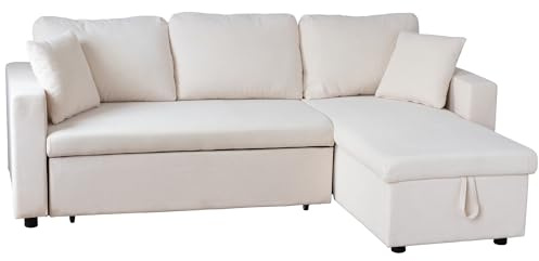 Happy Garden Clark Sofá Cama esquinero de 3 plazas de Pana Beige, Convertible con cajón Deslizante, Chaise Longue Reversible y Caja de almacenaje