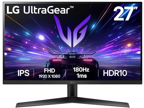 LG UltraGear Gaming Monitor 27GS60F, 27 Inch, 1080p, 180Hz, 1ms Response Time, IPS Display, HDR 10, NVIDIA G-Sync compatible & AMD FreeSync, Smart Energy Saving, Displayport, HDMI