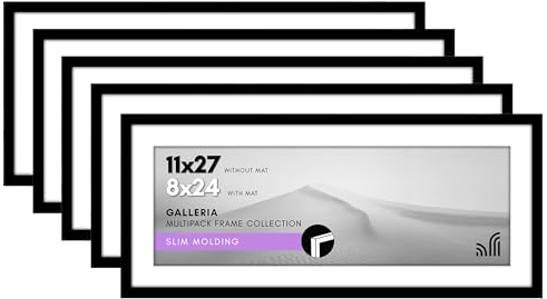 Americanflat 11x27 Picture Frame with Polished Plexiglass - Set of 5 - Use as 8x24 Frame with Mat or Display 11x27 Photo Without Mat - Galleria Collection - Picture Frames for Wall Display - Black