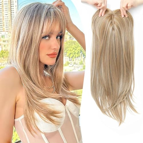 PORSMEER Haar-Topper Ombre Blond haarteile für Frauen,45cm Lang Gewelltes Synthetische Perücken-Topper für dünnes Haar Highlight Clip In Wiglet mit Pony Haarvolumen hinzufügen