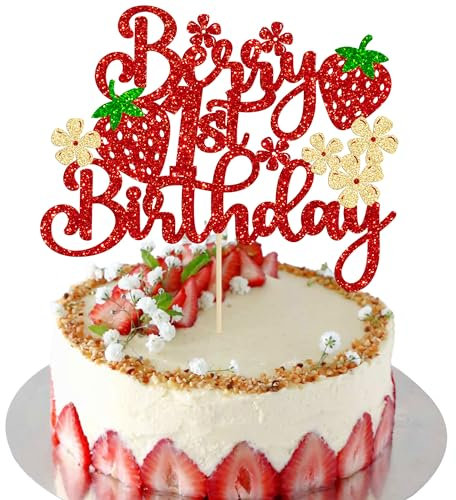 Ephlyn 1 pieza de decoración para tarta de primer cumpleaños con purpurina y diseño de frutas dulces para primer cumpleaños, fresa, una púa de pastel para temática de fresas, baby shower, niños,