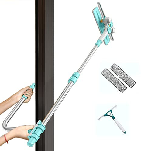 Window Cleaning Tool Kit,Professional Telescopic U Shaped Window Squeegee for High Window,180 °Rotatable Cleaning Head and Floating Mechanism,Leaves no Dead Space-blue||Floating 2 cloth