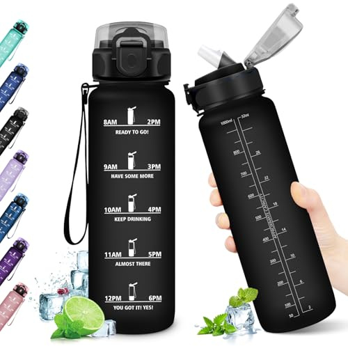 KollyKolla Botella Agua 1 litro, Botellas Motivadora, Botella de Agua con Pajita, Prueba de Fugas, Reutilizable Cantimplora para Adulto, Colegio, Gimnasio, Oficina, Bicicleta, Gym, Fitness