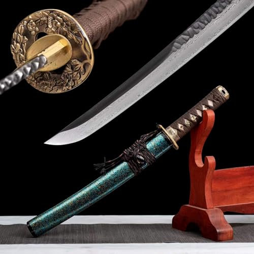 KWXPW 55cm Handgeschmiedetes Samurai-Schwert,Gemusterte Stahl Klinge mit gehämmerten Vertiefungen,Naturholz Saya und Geschnitzte Reinem Kupfer Tsuba,Wakizashi kurzes Katana für Cosplay,Dekor,Sammeln