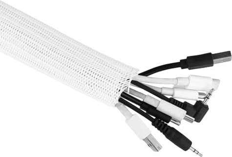 QWORK® Protector de Cables 2 m, 25-39 mm Tubo Revestimiento Cable Trenzado Autoenrollable Blanco, para Escritorio, TV, Computadora
