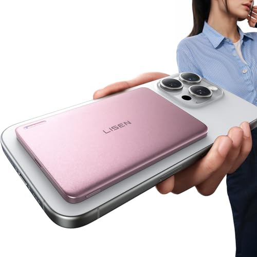LISEN Batterie Externe Magsafe iPhone,Ultra Slim Batterie Magsafe Magnetique Power Bank sans Fil Saint Valentin Cadeau pour Homme, 5,000mAh Mini Power Bank pour iPhone 17 Air/16/15/14/13 Pro Max,Rose