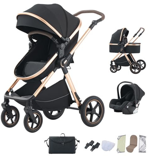 BEBBY 3-in-1 Kinderwagen KombiKinderwagen-Set 2-in-1 Buggy faltbar Luxus Hochlandschaft Neugeborenes Tragbarer Zusammenklappbarer Kinderwagen Travel System (D2-BLACK, H2-D)