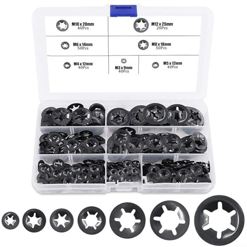 Lot de 285 rondelles Starlock, rondelles de verrouillage dentaires internes, roulement à bague en fleur de prunier - Assortiment de fixations