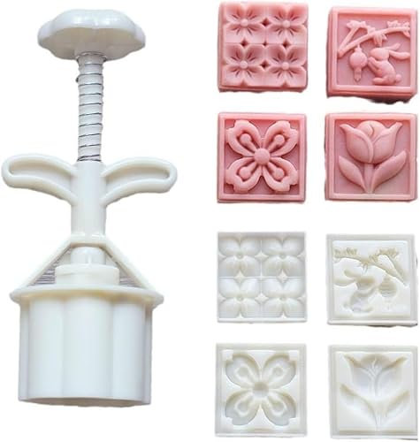 OTENG Hand Press Mooncake Mold Mid Festival Moon Cake Mould，Mooncake Mould Press with 4 Stapms, Square Rabbit Flower Moon Cake Mold, Chinese Traditional Mid Autumn Festival Moon Cake Mold, for Baking