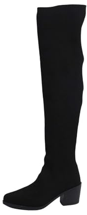 Overknees Dam blockklack knähöga, mocka långa, stretch slip-stövlar, elegant enfärgad stövlning, spets aftonskor, klassiska stövlar, svart, 39 EU