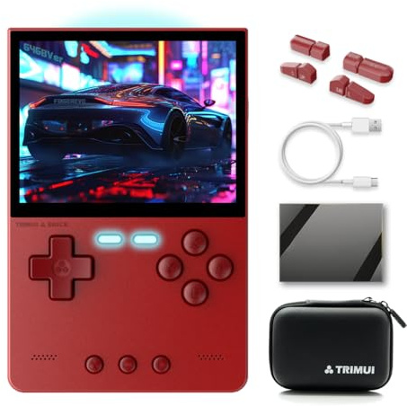 FINGEREVO Trimui Brick - Console di gioco portatile, 3,2 pollici, 1024 x 768 IPS, 3000 mAh, sistema opensource Trimui-brick con custodia portatile e pellicola protettiva, colore: rosso