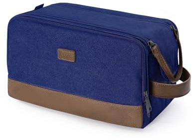 WANDF Kulturtasche für Herren, Reise-Kulturbeutel, Kosmetiktasche mit Segeltuch und PU Leder, Wasserabweisende Rasiertasche für Reisezubehör(Blau, Patent angemeldet)