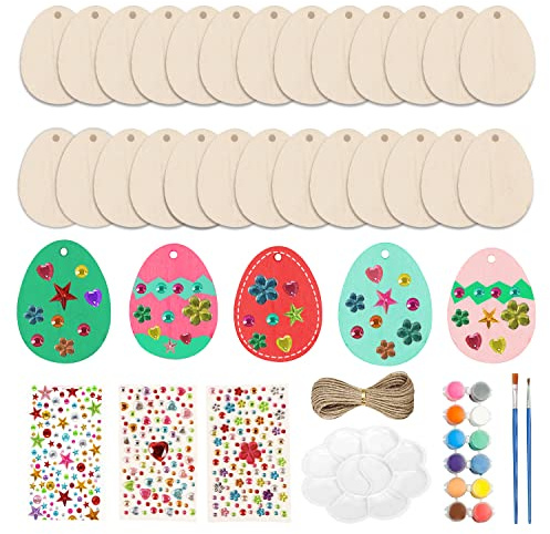 Yi'antai 65 Ostern Eier Holzscheiben, Ostern Basteln Holz, Ostern Anhänger Holzschild, Holz Ostereier zum Bemalen Set, Unvollendete Bastelset Ostern mit Selbstklebend Basteleier (65 Stück)