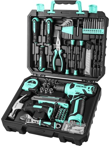 DEKO Caisse à Outils Complète avec Tournevis Électrique Perceuse avec Batterie de 8 V, Mallette de 126 Pièces, Boîte Professionnelle D'outils Ménagers de Bricolage pour Bureaux et Jardin, Cyan