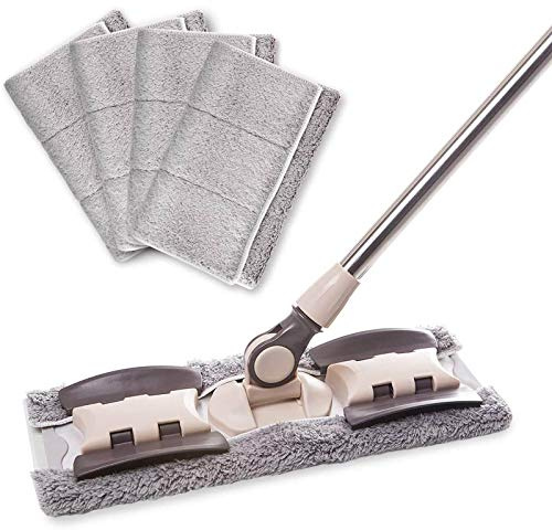 Balai Plat équipé de 4 tampons de Nettoyage, grattoir Mains Libres, Cadre de Balai Rotatif à 360 degrés en Alliage d'aluminium, Balai Plat Facile à tordre, Marron (Marron)