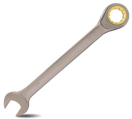 Meccion Llave de trinquete de cabeza fija profesional de 24 mm, llave combinada métrica, acero al cromo vanadio forjado, chapado en níquel gris