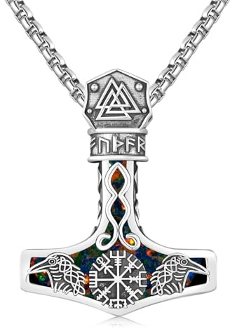 Twoowl Mjolnir Halskette Sterling Silber Wikinger Kompass Anhänger Thor Hammer Rabe Halskette Nordische Runen Vegvisir Amulett Schmuck Geschenke für Frauen Männer
