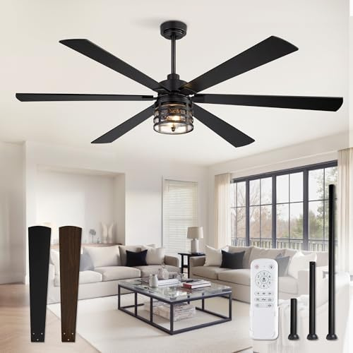 Ventilador de techo de 72 pulgadas con luces y control remoto, ventilador de techo industrial grande con motor CC reversible con 6 niveles de velocidad y 6 cuchillas dobles
