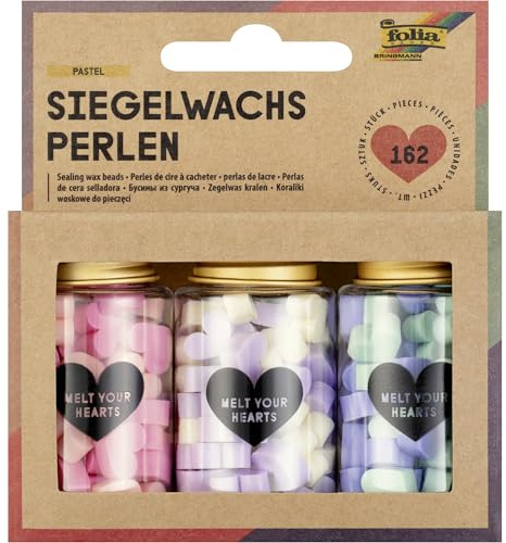 folia 31319 - Siegelwachs Perlen PASTEL, 162 Wachsperlen in 6 Pastellfarben, 3 Gläser je 54 Perlen mit 3 Farbsortierungen, zum Verzieren von Briefen und Geschenken