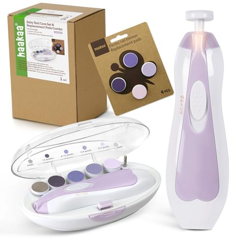 haakaa Baby nageltrimmer elektrisk baby nagelklippare kit för nyfödda, småbarn eller vuxna fingertoppar och tånagelvård, baby nagelvårdsset och extra 4 ersättningsdynor kombo – lavendel