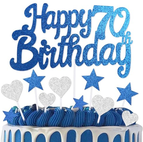 mciskin 70th Birthday Cake Topper,70th Birthday Decorations for Men Women,Royal Blue Cake Decorations,Personalised Cupcake Toppers with Heart Star for Girl Boy Women Men Birthday Party Supplies