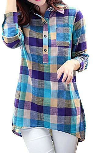 Generisch Mujeres Casual Color a juego de manga larga botón suelto a cuadros camisa blusa top blusa de seda negro, azul, L