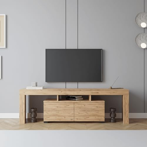 Smart Home Art TV-Lowboard 180 cm – TV-Schrank in Holzoptik Natur mit 2 Tueren & offenen Faechern, modernes TV-Board Fuer Wohnzimmer, Fuer Fernseher bis 75 Zoll