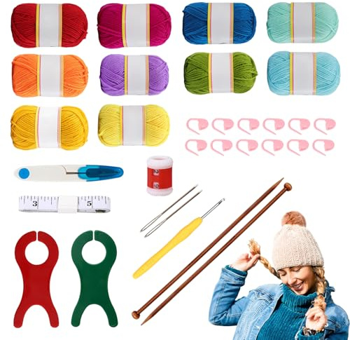 KINDPMA Wolle zum Häkeln 10 Farben x 50g Acryl Wolle Buntes Strickgarn Baumwollgarn Anfänger für Amigurumi Pullover Socken Schal mit Häkelnadel und Zusatzzubehör