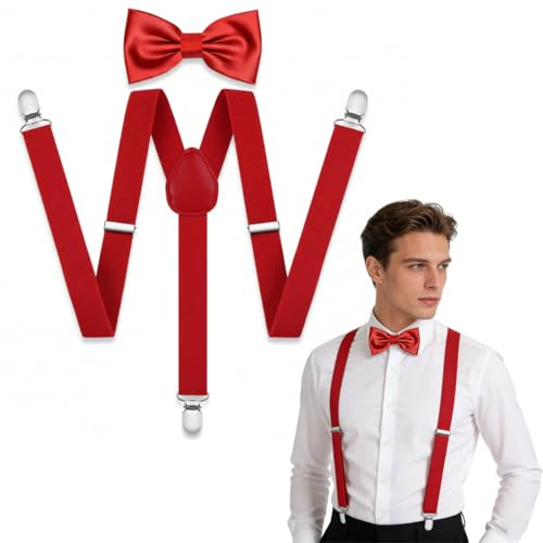 YIPFEN 2er Set Einstellbare und Elastische Hosenträger für Herren mit sehr Starken 3 Metall Clip und farblich passender Fliege, Einheitsgröße für Männer und Damen, X Style (Breit 2.5 cm) (Rot)