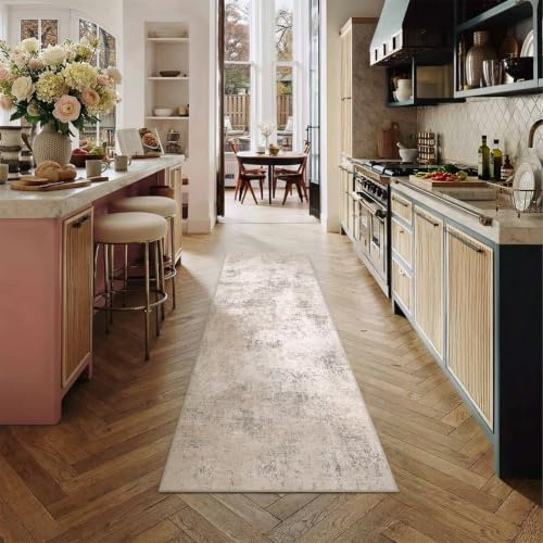 PureCozy Teppich Läufer Flur 60x180cm Creme Abstrakt Waschbarer Teppich | Rutschfest, Weicher Kurzflor Carpet, Küche, Eingangsbereich, Schlafzimmer, Esszimmer, Flur
