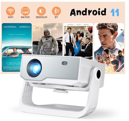 2026 Neuer Smart Beamer 4K Unterstützung, Android 11, Full HD 1080P, 28000 Lumens, WiFi 6 & BT 5.2, 120° Verstellbarer Ständer, Elektrischer Fokus, Trapezkorrektur, Heimkino Beamer für Switch/PS5
