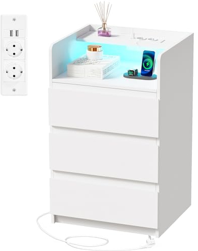 ANWBROAD Mesita de Noche con Enchufes Integrados,Mesilla de Noche con Tira de Luces LED,3 Cajones 1 Compartimento,Mesita de Noche Moderna para Dormitorios Salones (1, Blanco) BNS004W