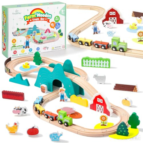 SIMPLIPLAY Wooden Kids Train Set, 49PCS Farm Train Track with Crash Barrier | Montessori Magnetic Train Set for Toddlers 3-5 with Bridge & Cute Farm Animal Toys for 3 4 5 Years Old Girls & Boys