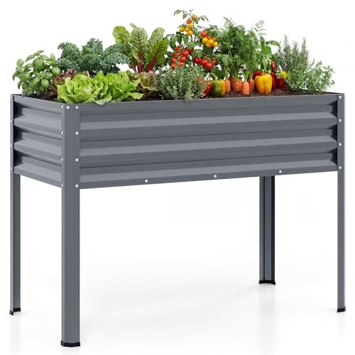 COSTWAY Hochbeet Metall, erhöhtes Gartenbeet bis 80 kg, Pflanzgefäß mit Drainagelöchern, für Gemüse Obst Blumen Kräuter, Kräuterbeet für Balkon Garten Terrasse, 112 x 55 x 81 cm (Grau)