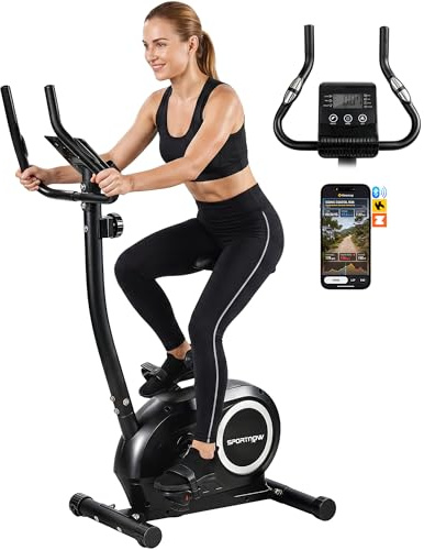 SPORTNOW Heimtrainer Fahrrad Höhenverstellbar Hometrainer APP LCD-Monitor | 8 Verstellbar Widerstandsstufe, Pulssensoren, Handyhalter, Verstellbar Pedalriemen, Ergometer Fitnessbike Indoor