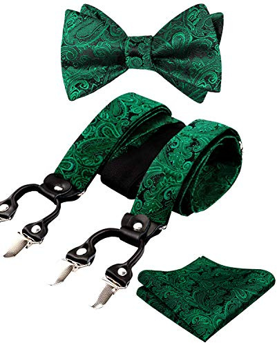 Alizeal Herren verstellbare Blumen Paisley selbst gebundene Fliege, Einstecktuch und elastische Y-Form 6 Clips Hosenträger Set