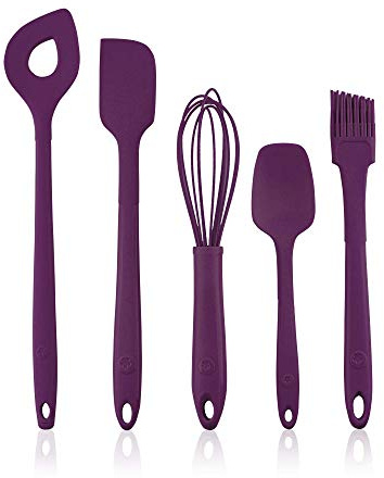 Kochblume Back Set 5-teilig | Backlöffel, Teigschaber M, Flexlöffel S, Schneebesen M, Pinsel S | in der bunten Box (lila)