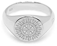 Herren Ring Silber Kompass Siegelring massiv 925 Sterling Silber Gravur rund poliert glänzend maritim | Männer-Schmuck mit Geschenkverpackung (Rose, 64)