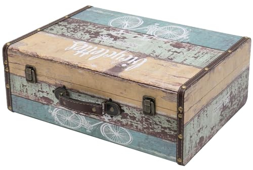 HMF Maleta decorativa vintage de madera con tapa y asa de cuero, caja de almacenamiento elegante e idea de regalo para boda o cumpleaños | Bicicleta | 44 x 32 x 16 cm